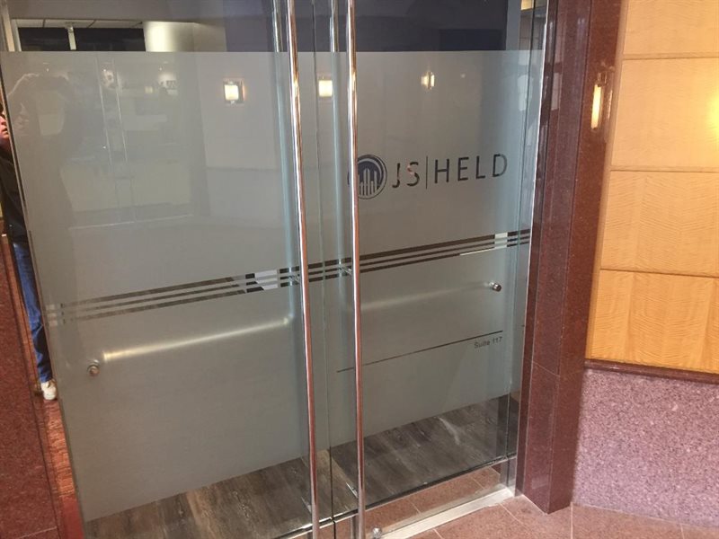 JS HELD ETCHED FROSTED GLASS LOGO AND STRIPS INSTALLED, JERICHO QUADRANGLE TOWN OF OYSTER BAY NASSAU COUNTY NEW YORK